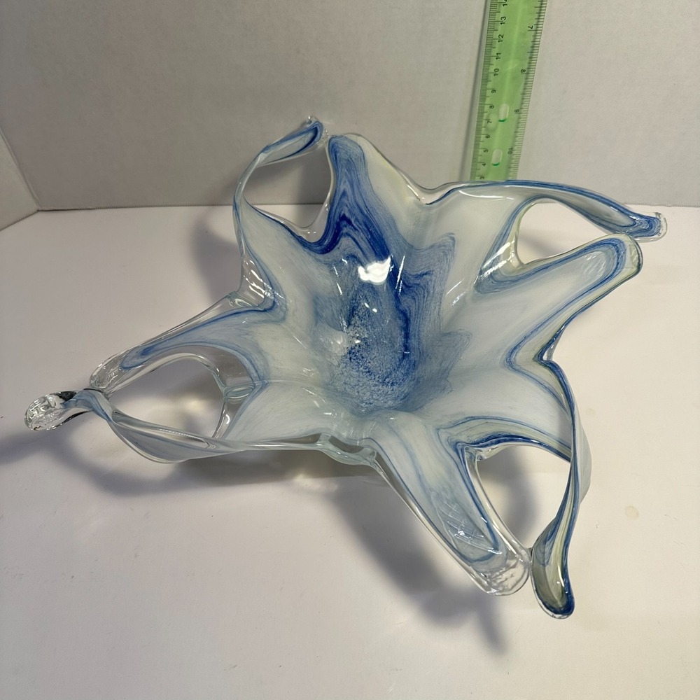 Large Hand Blown Art Glass Freeform Bowl Blue White Swirl MCM Centerpiece